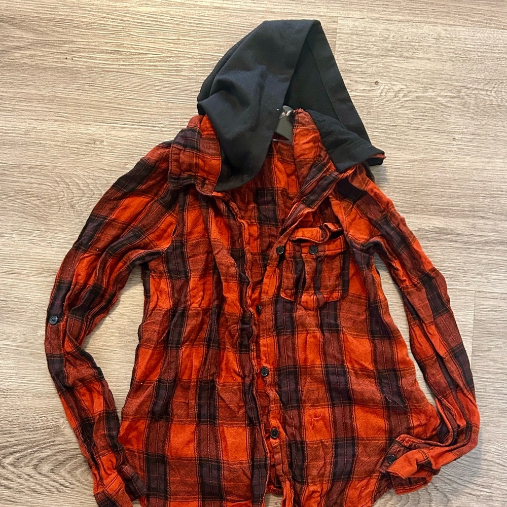 No Boundaries Orange and Black Plaid Hoodie Top